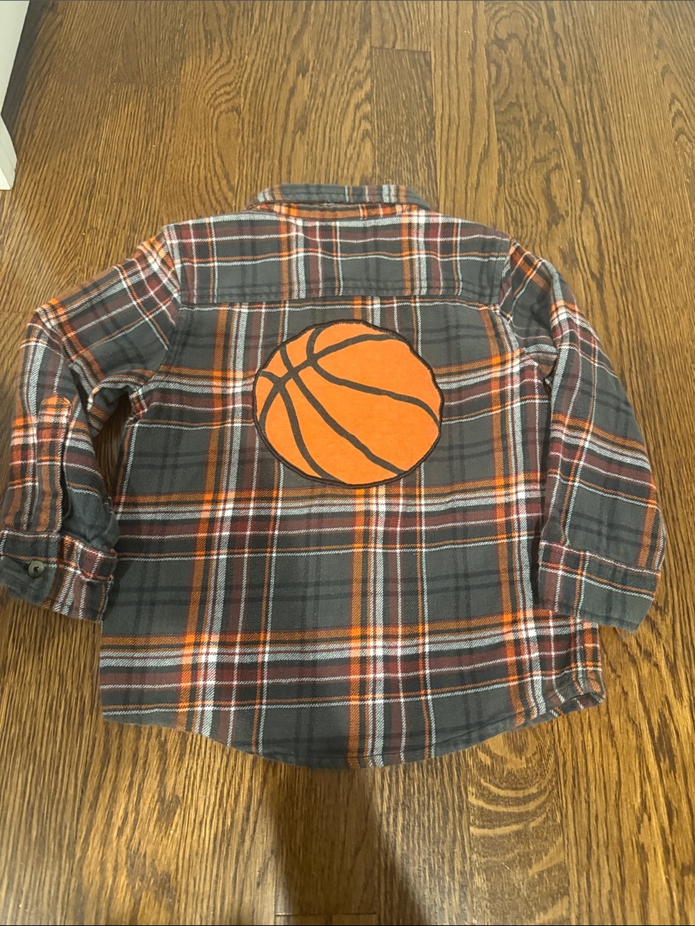 Boys Gray and Orange Plaid Button-Down Shirt with Basketball Patch